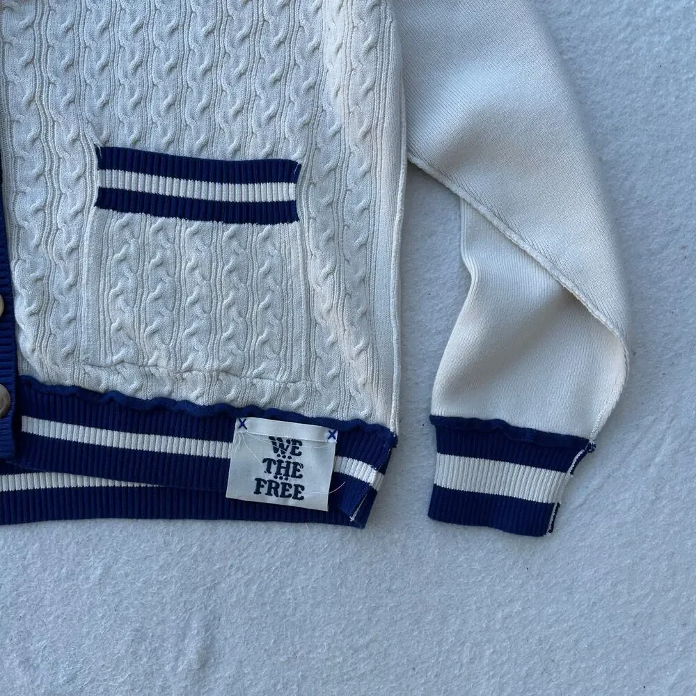 Free People We The Free Varsity Cardigan Women's XS Ecru Blue Slouchy Cable Knit - Picture 2 of 9